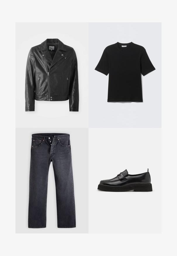 Veste de motard en cuir noir avec une finition brillante, dotée d'un col cranté, d'une fermeture éclair à l'avant, de poches latérales et de finitions en métal argenté.; T-shirt noir à manches courtes avec col rond, portant une étiquette "WEEKDAY" à l'intérieur du col, présenté à plat sur un fond clair.; Jean en denim noir avec une coupe droite, design à cinq poches, et boutons en cuivre. Texture lisse avec une légère finition délavée.; Chaussures en cuir noir de style mocassin avec une semelle plate et texturée, présentant un bout piqué et une sangle traversant le cou-de-pied.