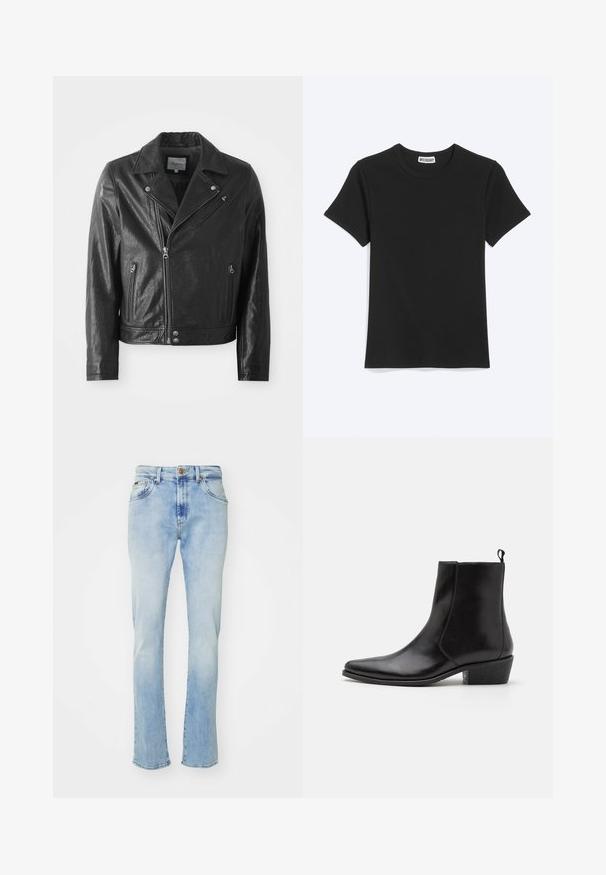 Sort læder bikerjakke med en blank finish, der har en reverskrave, lynlåslukning foran, sidelommer og sølvfarvede hardware-detaljer.; Enkel sort t-shirt med korte ærmer og rund hals med et Weekday-mærke inde i kraven, vist på en hvid baggrund.; Lyseblå denim jeans med lige pasform, der har fem lommer, knaplukning og subtil falming ved lårene og kanten.; Zign by Zalando LEATHER - Cowboy- / bikerstøvlette - black