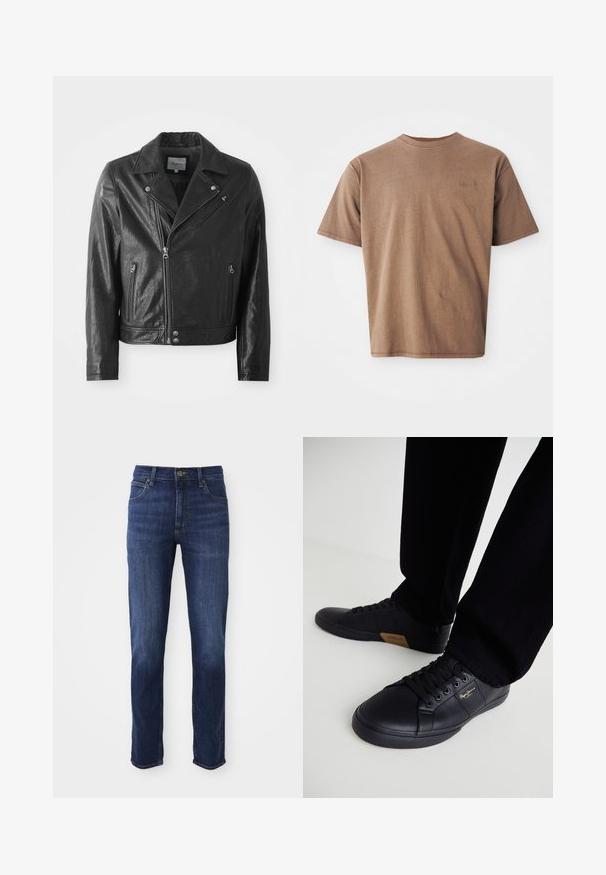 Veste de motard en cuir noir avec une finition brillante, dotée d'un col cranté, d'une fermeture éclair à l'avant, de poches latérales et de finitions en métal argenté.; T-shirt en coton marron avec un col rond, des manches courtes et un logo brodé discret sur le côté gauche de la poitrine. Texture lisse, coupe décontractée.; Jean en denim bleu foncé avec une coupe droite, comprenant un design classique à cinq poches et un fermoir à bouton en métal. Détails de décoloration subtils sur le tissu.; Baskets en cuir noir au design épuré, dotées d'une surface texturée, d'un bout rond et de lacets noirs. Détail du logo doré sur le côté.