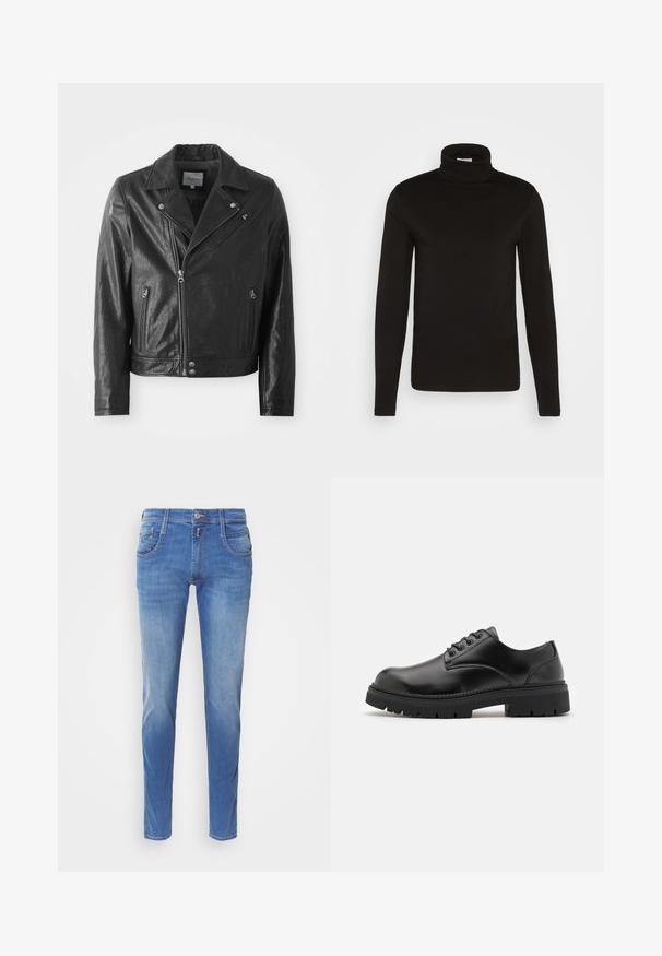 Chaqueta de cuero negro de estilo biker con un acabado brillante, que presenta un cuello con muescas, cierre frontal de cremallera, bolsillos laterales y detalles en metal plateado.; Camiseta de cuello alto de manga larga negra, elaborada en una tela suave con un diseño ajustado y un cuello alto, ceñido. Sin patrones ni acentos visibles.; Jeans de denim azul con corte slim. Presenta cinco bolsillos, cierre de botón en la parte delantera y un ligero desgastado en las piernas. Corte recto.; Zapatos de cuero negro con punta redondeada, diseño con cordones y una suela de goma gruesa y texturizada. Presentan costuras a lo largo del borde y un acabado suave.