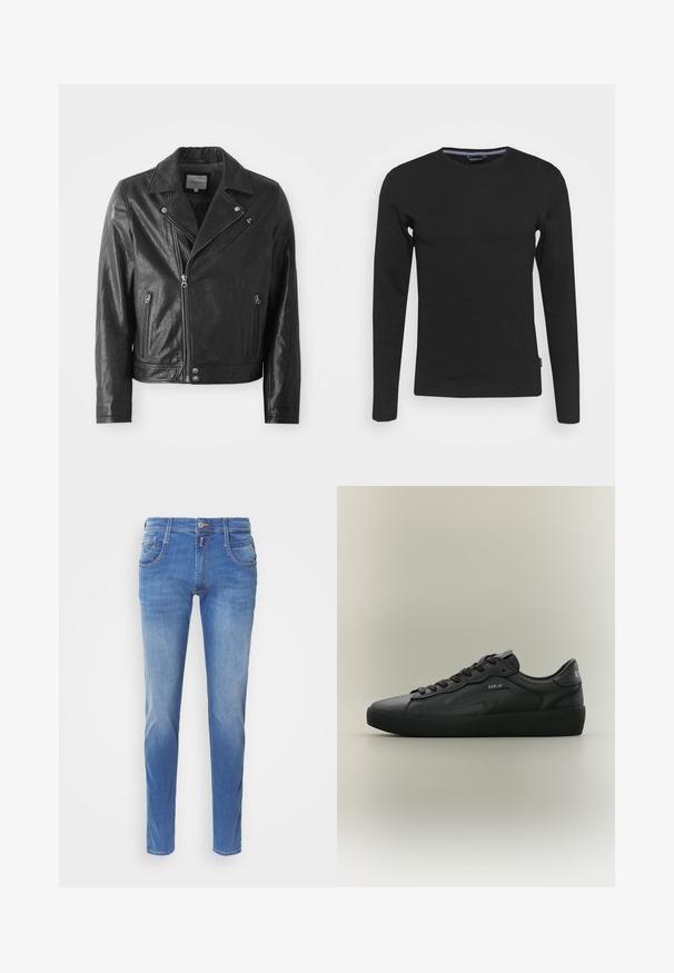 Sort læder bikerjakke med en blank finish, der har en reverskrave, lynlåslukning foran, sidelommer og sølvfarvede hardware-detaljer.; Lindbergh O-NECK - Langærmet T-shirt - black; Blå denimjeans med slim fit. Har fem lommer, lukning med knap foran og let falming på benene. Lige benudskæring.; Sort lavtopsneaker med snørebånd, tekstureret sål og "REPLAY" mærkning på siden og hælen, vist i sideansigt på en neutral baggrund.