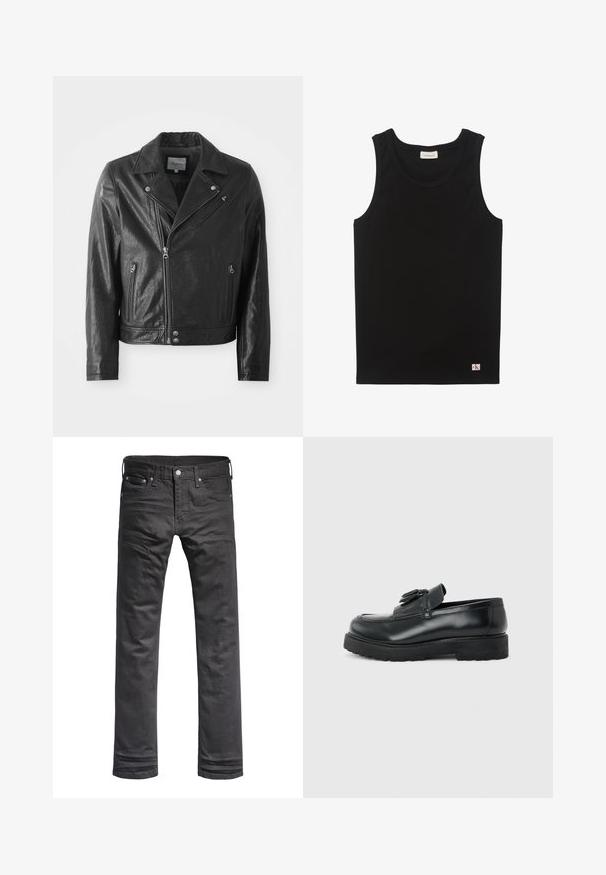 Chaqueta de cuero negro de estilo biker con un acabado brillante, que presenta un cuello con muescas, cierre frontal de cremallera, bolsillos laterales y detalles en metal plateado.; Camiseta sin mangas negra con textura acanalada, escote redondeado y pequeño parche con el logotipo de Calvin Klein en el dobladillo inferior derecho.; Vaqueros de mezclilla negros con un diseño clásico de pierna recta. Presentan bolsillos frontales, una bragueta con botones y detalles de costura sutiles.; Mocasín de cuero negro con borlas, suela de caucho gruesa y tacón bajo, mostrado de perfil sobre un fondo liso.