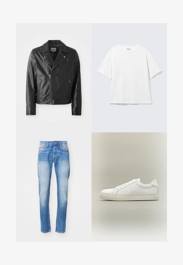 Sort læder bikerjakke med en blank finish, der har en reverskrave, lynlåslukning foran, sidelommer og sølvfarvede hardware-detaljer.; Hvid oversized t-shirt med korte ærmer og rund halsudskæring med sænkede skuldre, fladt lagt på lys grå baggrund.; Lysblå denimjeans med slim fit, der har slidte områder, et revne på venstre knæ og fem-lomme stil.; Hvid lavtop sneaker med snørebånd foran og tyk sål, vist fra siden mod en neutral baggrund.