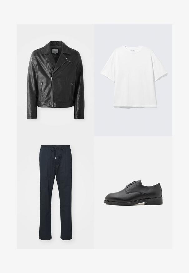 Veste de motard en cuir noir avec une finition brillante, dotée d'un col cranté, d'une fermeture éclair à l'avant, de poches latérales et de finitions en métal argenté.; T-shirt blanc oversize à manches courtes, col rond, épaules tombantes, posé à plat sur fond gris clair.; Pantalons noirs avec une ceinture élastique dotée d'un cordon de serrage pour un ajustement personnalisable. Design à jambes droites et tissu léger. Aucune motif visible.; Chaussure oxford en cuir noir avec un bout rond, présentant une finition lisse, un laçage à cinq œillets et un petit talon empilé.