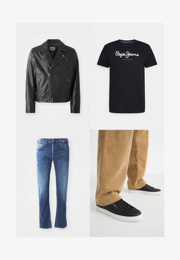 Schwarze Lederbikerjacke mit glänzender Oberfläche, ausgestattet mit einem Reverskragen, Reißverschluss vorne, Seitentaschen und silbernen Hardware-Akzenten.; Schwarzes Baumwoll-T-Shirt mit einem weißen Schriftlogo "Pepe Jeans" und blauen Akzenten, Rundhals und kurzen Ärmeln. Einfaches, schlichtes Design.; Dunkelblaue Jeans aus Denim mit geradem Bein, ausgestattet mit fünf Taschen, einem braunen Knopfverschluss und dezenten hellen Verfärbungen an den Oberschenkeln.; Schwarze Ledersneaker mit weißen Gummisohlen. Getragen mit beigen Cordhosen, die vertikale Rippungen und eine lockere Passform aufweisen.