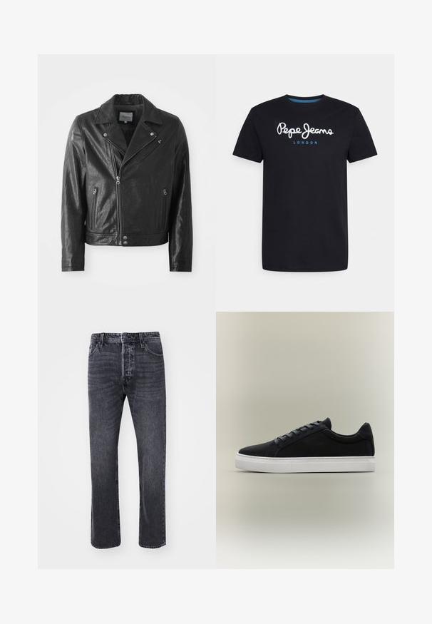 Sort læder bikerjakke med en blank finish, der har en reverskrave, lynlåslukning foran, sidelommer og sølvfarvede hardware-detaljer.; Sort bomulds T-shirt med et hvidt skriftskriftlogo "Pepe Jeans" med en blå accent, rund hals og korte ærmer. Enkel, ensfarvet design.; Sorte denim jeans med lige pasform, der har fem lommer, knaplukning og subtile falmninger på stoffet.; Sort lavsko-sneaker med hvid gummisål, snøredesign og polstret krave vist på en neutral grå baggrund.