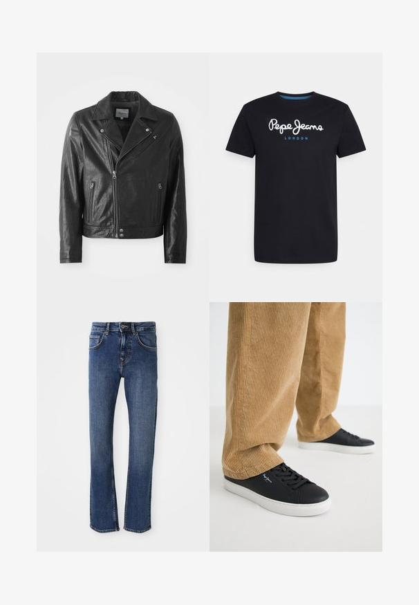 Chaqueta de cuero negro de estilo biker con un acabado brillante, que presenta un cuello con muescas, cierre frontal de cremallera, bolsillos laterales y detalles en metal plateado.; Camiseta negra de algodón con un logo de guion en blanco "Pepe Jeans" con un acento azul, cuello redondo y mangas cortas. Diseño simple y sólido.; Jeans de mezclilla azul claro con un diseño de pierna recta, estilo de cinco bolsillos y cierre de botón metálico. Presenta costuras sutiles y una textura suave.; Zapatillas de cuero negro con suelas de goma blanca. Llevadas con pantalones de pana en color beige, con acanaladuras verticales y un ajuste relajado.
