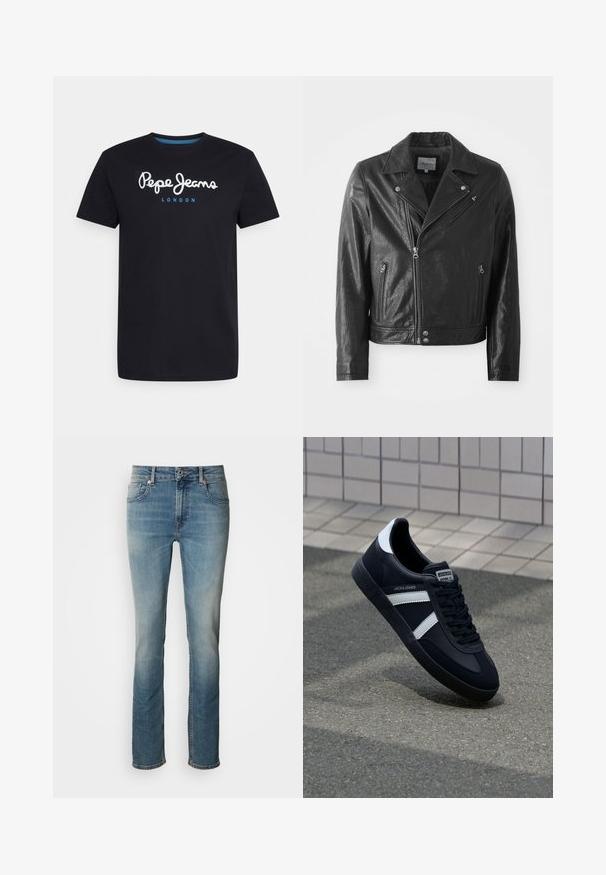 Chaqueta de cuero negro de estilo biker con un acabado brillante, que presenta un cuello con muescas, cierre frontal de cremallera, bolsillos laterales y detalles en metal plateado.; Camiseta negra de algodón con un logo de guion en blanco "Pepe Jeans" con un acento azul, cuello redondo y mangas cortas. Diseño simple y sólido.; Vaqueros de mezclilla azul claro con diseño de pierna recta, cinco bolsillos, cierre de botón y cremallera, y un sutil desgaste a lo largo de los muslos.; Zapatilla de cuero negra con rayas blancas, suela de goma texturizada y parte frontal con cordones. Cuenta con una etiqueta de marca en la lengüeta.