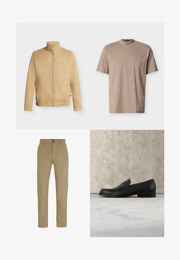 Chaqueta beige con cremallera, cuello alto con dos botones, dobladillo elástico, mangas largas y un logo sutil bordado en el pecho.; Camiseta beige de manga corta con cuello alto tipo collar y la marca "BOSS" en el cuello. Fabricada con una tela suave y de textura lisa.; Chinos de algodón beige con un ajuste slim, frente plano y cierre de botón. Presenta trabillas para cinturón y bolsillos laterales para mayor funcionalidad.; Zapato mocasín de cuero negro flotando sobre una alfombra beige con una mesa redonda marrón brillante al fondo.