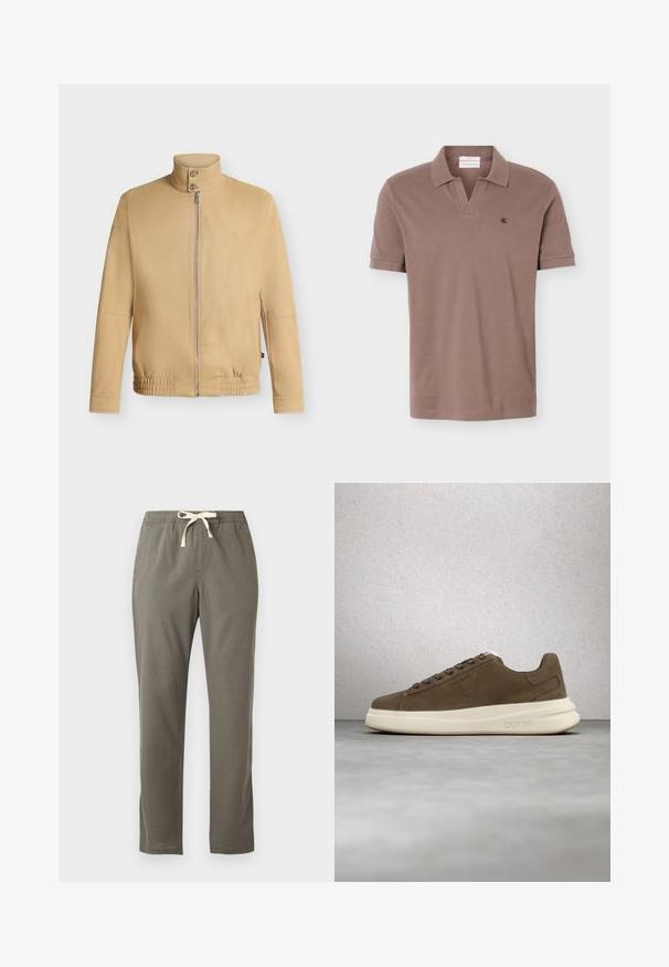Beige lynlåstrøje med høj krave med to knapper, elastisk kant, lange ærmer og subtilt broderet logo på brystet.; Brun kortærmet polo med åben krave og lille sort "ck" logo på venstre bryst mod en ensfarvet baggrund.; Grå hverdagbukser med elastisk talje og hvid snøre, lige ben, vist på en ensfarvet baggrund.; Brune ruskinds sneakers med en cremet gummisål, flade snørebånd og et logo på siden. Letvægtsdesign og glat tekstur.