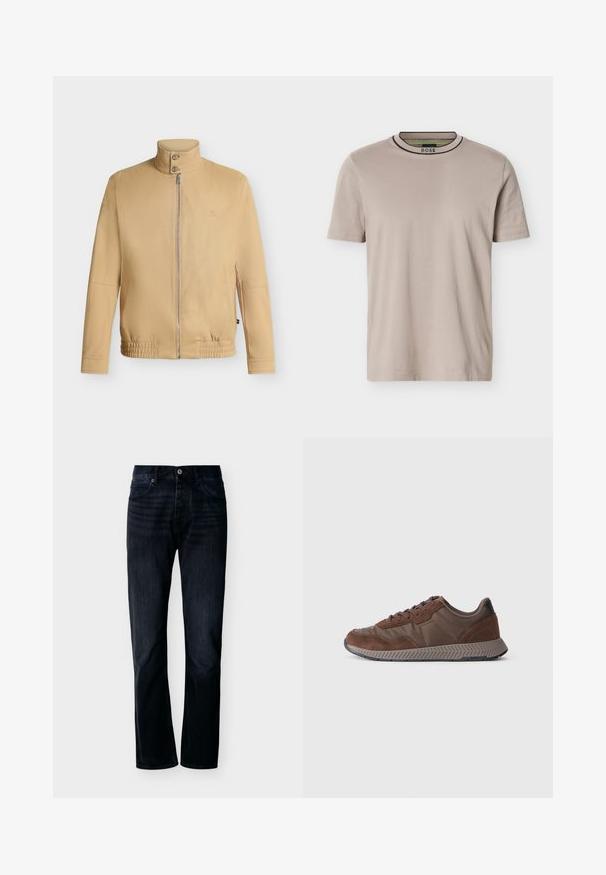 Beige jas met ritssluiting, hoge kraag met twee knopen, elastische zoom, lange mouwen en een subtiel geborduurd logo op de borst.; Beige T-shirt met korte mouwen en ronde hals, met een geribbelde halslijn met zwarte en groene strepen en een "BOSS"-logo aan de binnenkant van de kraag.; Donker indigo recht gesneden spijkerbroek met knoop- en ritssluiting aan de voorkant, riemlussen en een ontwerp met vijf zakken, weergegeven tegen een eenvoudige lichte achtergrond.; Bruine sneaker met een mix van gladde en suède materialen, ronde neus, gestructureerde rubberen zool en contrasterende zwarte hakaccent.
