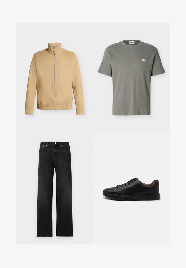 Veste beige zippée avec col montant à deux boutons, ourlet élastique, manches longues et logo brodé discret sur la poitrine.; T-shirt gris à manches courtes en maille gaufrée avec col rond, orné d'un petit patch avec le logo CK sur la poitrine gauche, présenté sur un fond blanc.; Jean noir droit avec cinq poches, passants pour ceinture et fermeture par bouton, présenté sur un fond blanc.; Baskets en cuir noir avec une finition lisse, bout rond et fermeture à lacets à six œillets ; dotées d'une semelle en caoutchouc noir pour une bonne adhérence.
