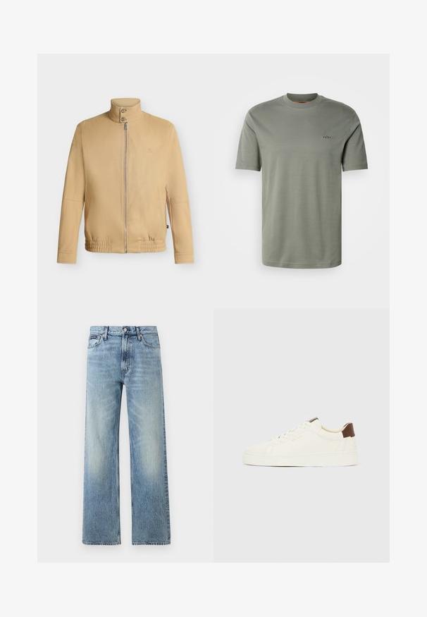 Veste beige zippée avec col montant à deux boutons, ourlet élastique, manches longues et logo brodé discret sur la poitrine.; T-shirt unisexe à manches courtes et col rond, couleur vert olive uni, avec petit logo "BOSS" brodé sur le côté gauche de la poitrine.; Jean droit en denim bleu clair avec taille haute, cinq poches, fermeture à boutons et léger délavage sur les cuisses et les genoux.; Baskets blanches basses avec lacets crème, une languette de talon marron et le logo "GANT" doré sur le côté, présentées de profil sur un fond uni.