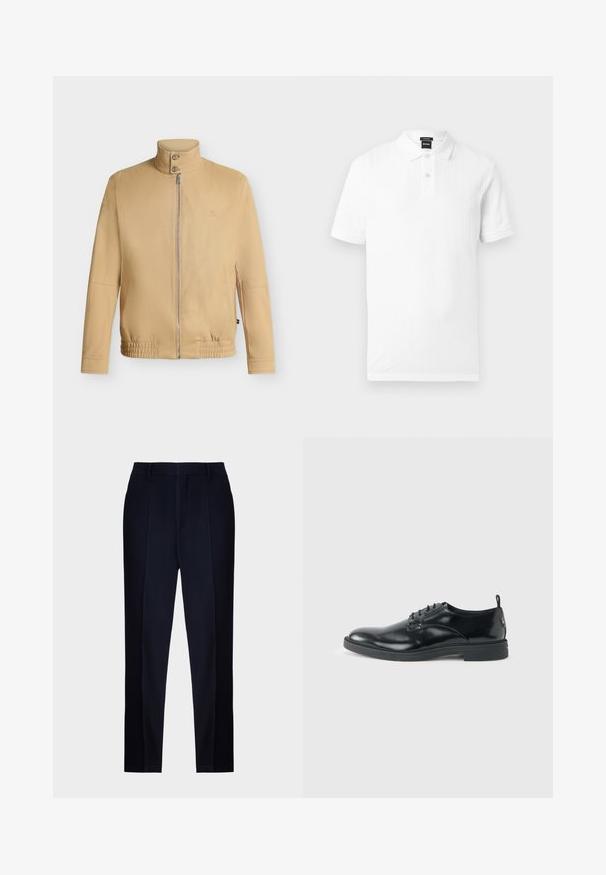 Beige lynlåstrøje med høj krave med to knapper, elastisk kant, lange ærmer og subtilt broderet logo på brystet.; Hvid polo med korte ærmer, to-knaps stolpelukning og en subtil lodret ribstruktur, lagt fladt på en lys baggrund.; Mørkeblå skræddersyede bukser med en glat tekstur, der har flad front, bæltehuller og en slank, tapered ben design.; Blank sort læder dresssko med lav hæl, snørelukning og rund tå, vist fra siden på ensfarvet lys baggrund.