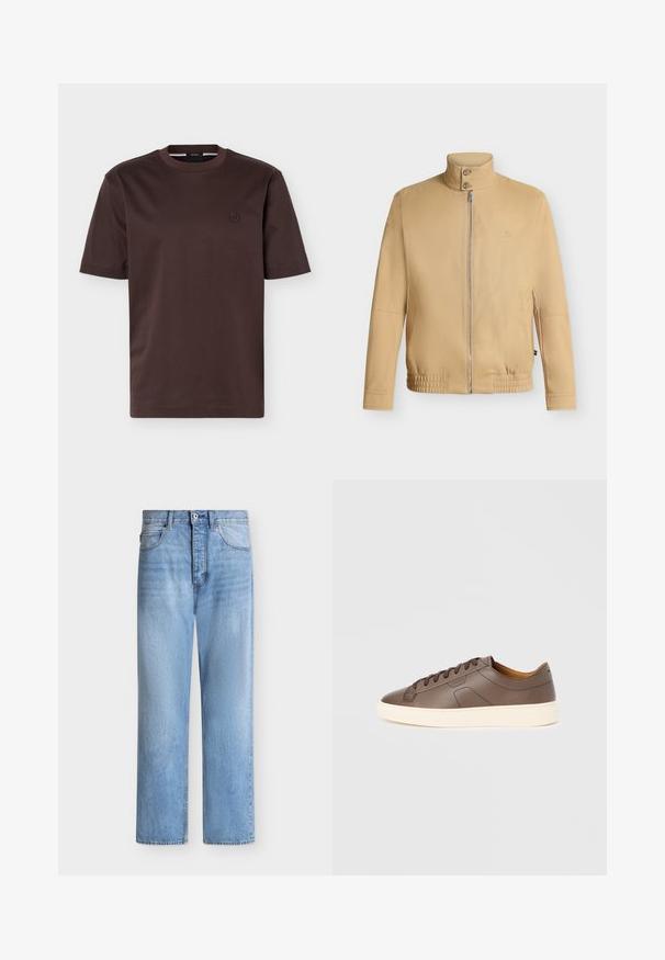 Veste beige zippée avec col montant à deux boutons, ourlet élastique, manches longues et logo brodé discret sur la poitrine.; T-shirt en coton marron foncé à manches courtes, col rond et petit logo circulaire brodé sur la poitrine gauche.; Jean droit en denim bleu clair avec fermeture par bouton et zip, poches avant et arrière, et passants de ceinture à la taille.; Baskets en cuir marron à texture lisse, semelle extérieure crème contrastante, bout arrondi et lacets marron foncé ; présente un logo discrètement embossé.