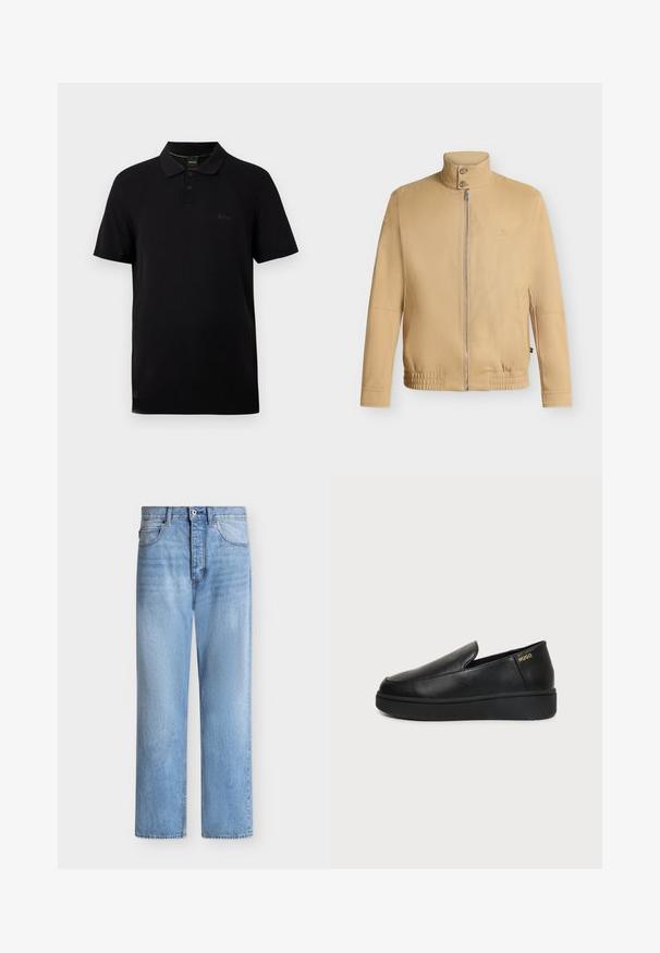 Veste beige zippée avec col montant à deux boutons, ourlet élastique, manches longues et logo brodé discret sur la poitrine.; Polo noir à manches courtes avec patte de boutonnage, logo "BOSS" discret sur la poitrine et doublure du col avec accents verts.; Jean droit en denim bleu clair avec fermeture par bouton et zip, poches avant et arrière, et passants de ceinture à la taille.; Chaussure noire en cuir à enfiler avec semelle épaisse et petits trous de ventilation latéraux, avec un logo doré "HUGO" près du talon.