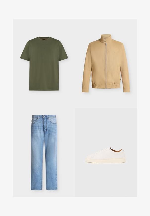 Veste beige zippée avec col montant à deux boutons, ourlet élastique, manches longues et logo brodé discret sur la poitrine.; T-shirt vert olive à manches courtes et col rond avec un logo discret "BOSS" centré sur la poitrine, design uni sur fond gris clair.; Jean droit en denim bleu clair avec fermeture par bouton et zip, poches avant et arrière, et passants de ceinture à la taille.; Baskets blanches basses avec un design à lacets, des détails de couture minimalistes, et une semelle couleur crème sur un fond gris clair.