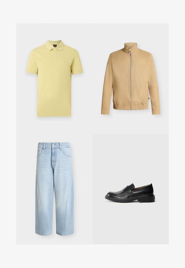 Veste beige zippée avec col montant à deux boutons, ourlet élastique, manches longues et logo brodé discret sur la poitrine.; Polo à manches courtes de couleur jaune pâle avec deux boutons et un petit logo sur la poitrine sur un fond blanc uni.; Jean en denim bleu clair à jambes larges avec poches avant, passants de ceinture, fermeture par boutons et longueur raccourcie.; Chaussure habillée noire en cuir, à enfiler, avec un petit talon et un logo Calvin Klein discret sur le côté, présentée de profil sur un fond blanc.