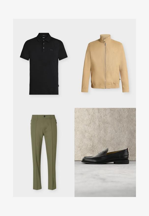 Beige jas met ritssluiting, hoge kraag met twee knopen, elastische zoom, lange mouwen en een subtiel geborduurd logo op de borst.; Zwarte slim-fit poloshirt met drie knopen, korte mouwen en een subtiel "BOSS"-logo op de borst en binnen de kraag.; Slim-fit olijfgroene broek met een voorvouw, knoopsluiting, riemlussen en ritszakken aan de zijkant.; Zwarte leren herenslipper met een krokodillen-embossed voorblad en een lage hak, zij-aanzicht op een neutrale achtergrond.