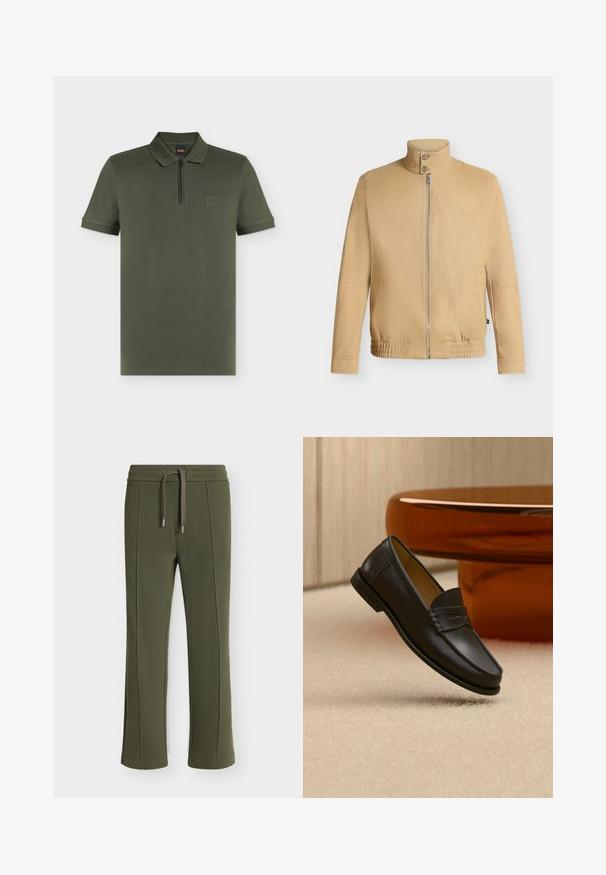 Veste beige zippée avec col montant à deux boutons, ourlet élastique, manches longues et logo brodé discret sur la poitrine.; Polo manches courtes vert olive avec col, fermeture éclair quart de zip et petit écusson carré avec logo sur la poitrine gauche.; Pantalon en maille côtelée vert olive avec taille à cordon et coutures verticales visibles sur le devant de chaque jambe.; Chaussure mocassin en cuir noir suspendue au-dessus d’un tapis beige avec du mobilier moderne couleur ambre en arrière-plan.