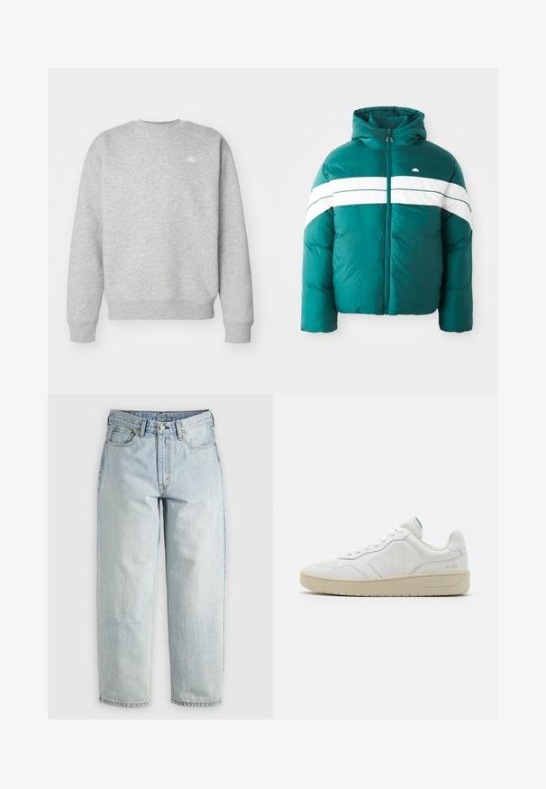 Teal pufferjakke med en hvid vandret stripe over brystet, en hætte og en fuld lynlås. Glat tekstur, varm isolering.; Grå crewneck sweatshirt lavet af fleece-materiale, med ribbede manchetter og kant, samt et lille hvidt logo på brystet.; Lysblå denimjeans med lige ben, fem lommer og knap-fly lukning; har slidte områder og subtile syninger.; Hvide lædersneakers med struktureret overflade og polstret krave. Har en beige gummisål og diskret branding på hælen og siden.