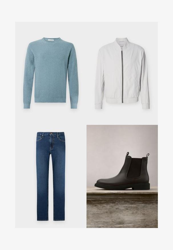 Veste bomber blanche avec fermeture éclair à l'avant, poignets et taille élastiques. Fabriquée en tissu léger avec une texture lisse et sans motifs visibles.; Pull bleu clair texturé avec un col rond et des manches longues. Les poignets et l'ourlet côtelés ajoutent une touche subtile au design.; Jean denim bleu foncé droit avec cinq poches, fermeture par bouton et surpiqûres contrastantes.; Bottines Chelsea en cuir noir avec des panneaux élastiques sur les côtés et des languettes, flottant au-dessus d'un banc en bois en extérieur avec un fond d'herbe.