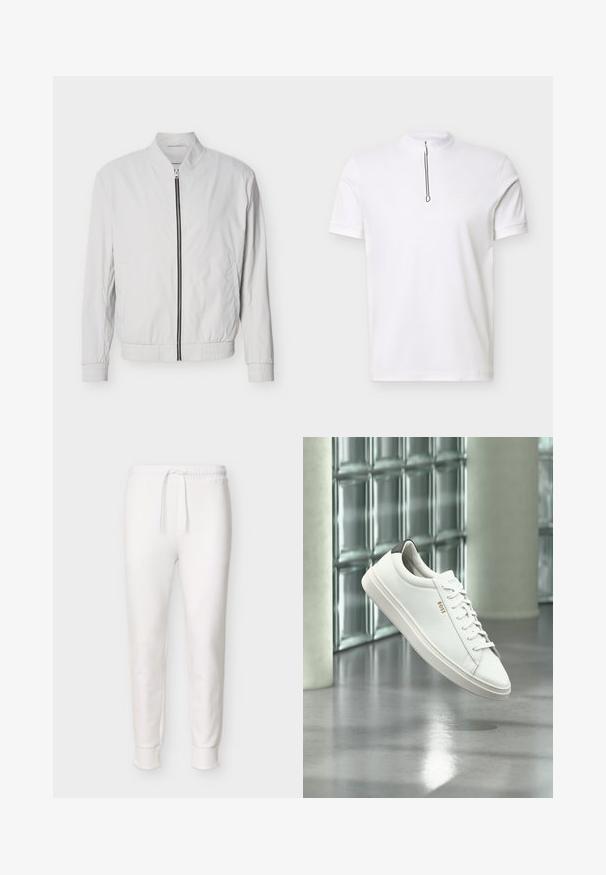 Veste bomber blanche avec fermeture éclair à l'avant, poignets et taille élastiques. Fabriquée en tissu léger avec une texture lisse et sans motifs visibles.; Polo blanc à manches courtes avec un col haut et une fermeture éclair sur le devant, design uni, présenté sur un fond clair et plat.; Pantalon jogger blanc à coupe slim avec taille élastique et cordon de serrage, poignets côtelés aux chevilles, présenté sur un fond uni.; Baskets basses en cuir blanc avec lacets, languette de talon noire et logo « BOSS », flottant à l'intérieur près d'un mur en blocs de verre et d'un sol poli.