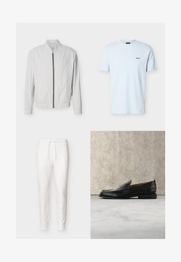 Veste bomber blanche avec fermeture éclair à l'avant, poignets et taille élastiques. Fabriquée en tissu léger avec une texture lisse et sans motifs visibles.; T-shirt bleu clair à manches courtes et col rond avec un petit logo noir "BOSS" sur le côté gauche de la poitrine.; Pantalon jogger blanc à coupe slim avec taille élastique et cordon de serrage, poignets côtelés aux chevilles, présenté sur un fond uni.; Mocassin pour homme en cuir noir avec un dessus embossé effet croco et un petit talon, présenté de profil sur un fond neutre.