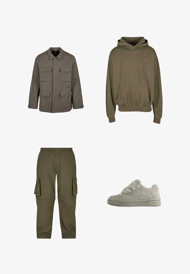Khaki utilityjakke i bomuldsblanding, med lige snit, to brystlommer og knaplukninger på ærmerne. Glat tekstur og minimalistisk design.; Olivengrøn hættejakke lavet af blødt stof, med en frontlomme, ribbede manchetter og snoretræk i hætten, samt diskret logo-detalje.; Olivengrøn cargo-bukser lavet af letvægtsstof, med flere sidelommer, elastisk talje og lige pasform.; Lav-snit grå sneaker med tykke teksturerede snørebånd, polstret krave, syninger i panelerne og en rilled gummisål for greb.