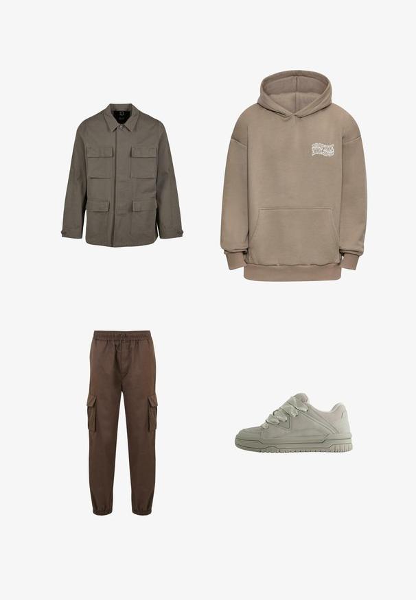 Khaki utiltaakkari puuvillasekoitteesta, suoralinjaisella leikkauksella, kahdella rintataskulla ja nappilukoilla hihansuissa. Sileä pinta ja minimalistinen muotoilu.; Dropsize HEAVY - Huppari - taupe; Ruskeata kangasta valmistetut cargo-housut, joissa on joustava vyötärö, nyöri ja useita sivutaskuja. Käänteet lahkeissa antavat kapeamman istuvuuden.; Matalavartinen harmaa tennari, jossa on paksut teksturoidut nauhat, pehmustettu varren yläosa, tikatut paneelit ja uritettu kumipohja pitoon.