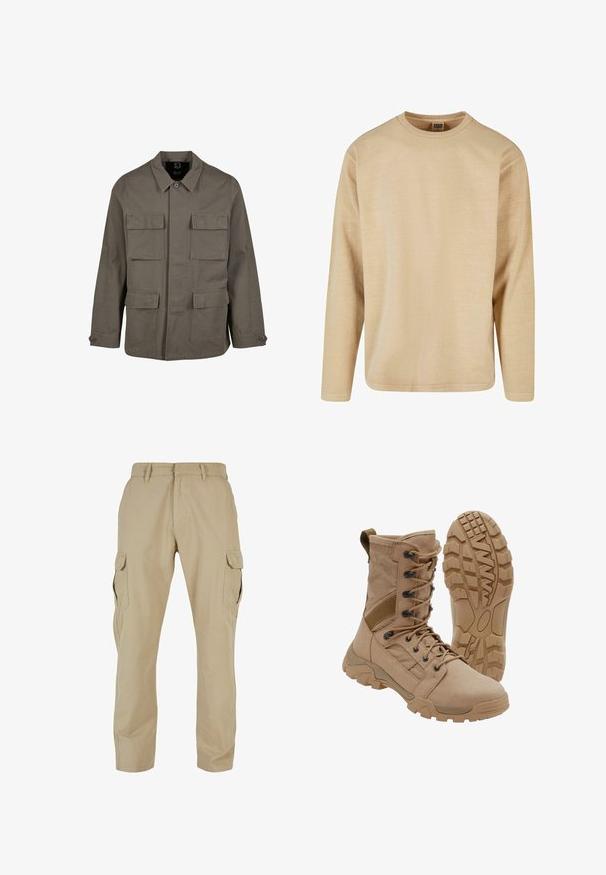 Khaki utiliidisjakker puuvillasegust, sirge lõikega, kahe rinna-tasku ja nööbiga mansettidega. Sile tekstuur ja minimaalne disain.; Beež pikkade varrukatega t-särk pehmest kangast, mis on varustatud ümmarguse kaelusega, lõdva lõikega ja minimaalse õmblustega, et saavutada puhas disain.; Beige cargo püksid, mis on valmistatud puuvillast twill-kangast, mitmete küljetaskutega, sirge jala disainiga ja lukuga põhipaela ning vöökandjatega.; Pruun taktikaline saabas sääreni paeltega kinnituse ja vastupidava kummist tallaga, üks saabas püsti ja teine näitab tallamustri.