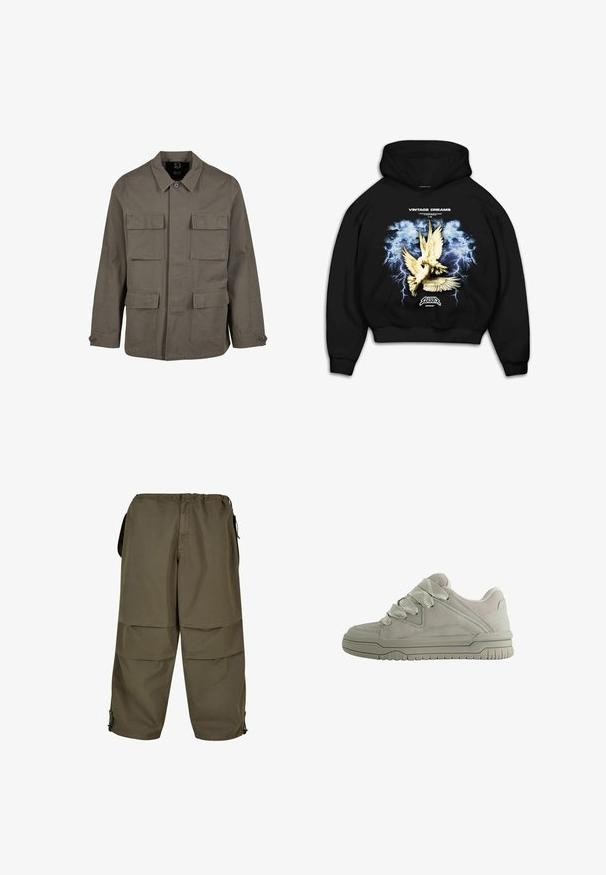 Khaki utilityjack in een katoenmix, met een rechte snit, twee borstzakken en knoopsluitingen op de mouwen. Soepele textuur en een minimalistisch ontwerp.; Zwarte hoodie met een grafische print van duiven tegen een stormachtige blauwe achtergrond met bliksem. Tekst leest "VINTAGE DREAMS."; Khaki cargobroek met een elastische tailleband, zijzakken en drukknopen. Stof heeft een soepele, lichte textuur.; Laag model grijze sneaker met dikke, gestructureerde veters, gevoerde kraag, gestikte panelen en een geribbeld rubberen zool voor grip.