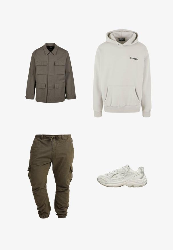 Khaki utilityjakke i bomuldsblanding, med lige snit, to brystlommer og knaplukninger på ærmerne. Glat tekstur og minimalistisk design.; Lys grå hætte sweatshirt lavet af blødt stof, med en frontlomme og et lille sort "Dropsize"-logo på venstre bryst.; Olivenfarvede cargo-bukser lavet af blød bomuld, med justerbar taljesnor, elastiske cuffs og sidelommer.; Hvid sneaker med en tekstureret overdel og en chunky sål. Den har buede linjer, subtile grå accenter og en snørelukning.
