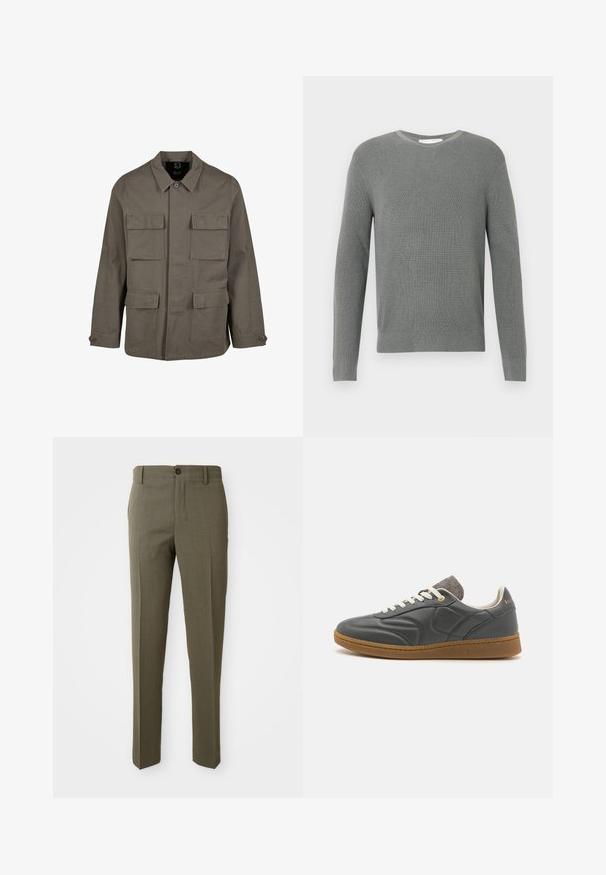 Khaki utilityjack in een katoenmix, met een rechte snit, twee borstzakken en knoopsluitingen op de mouwen. Soepele textuur en een minimalistisch ontwerp.; Grijze gebreide trui met een ronde hals, lange mouwen en een textuurpatroon; heeft een geribbelde onderrand en boorden, gemaakt van zachte stof.; Olijfgroene op maat gemaakte broeken met een gladde textuur, recht pijpdesign, enkele frontknop en zijzakken voor functionaliteit.; Donkergrijze leren sneaker met een ronde neus, witte veters, tan rubberen zool en subtiele grijze stofaccenten op de kraag. Gouden logo-detail.