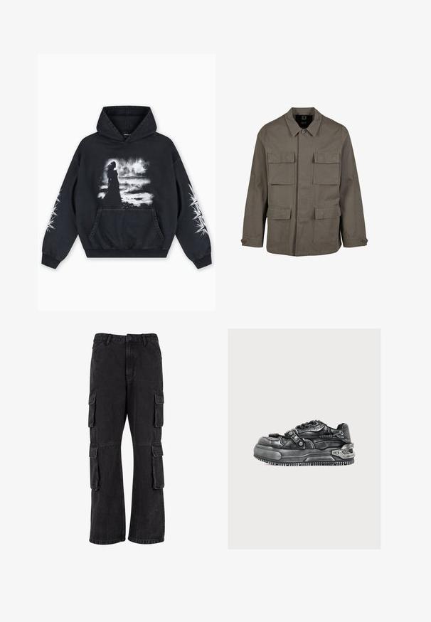 Khaki utilityjakke i bomuldsblanding, med lige snit, to brystlommer og knaplukninger på ærmerne. Glat tekstur og minimalistisk design.; Sort hættetrøje med et frontgrafik af en figur mod en skyet baggrund. Indeholder en kængurulomme og stjernemønstre på ærmerne.; Sorte cargo-bukser lavet af denim, med en løs pasform, flere sidelommer og syet detaljer. Teksturen er let falmet.; Sort sneaker med tyk sål, metalspænde og detaljeret tekstureret læderdesign på en ens hvid baggrund.