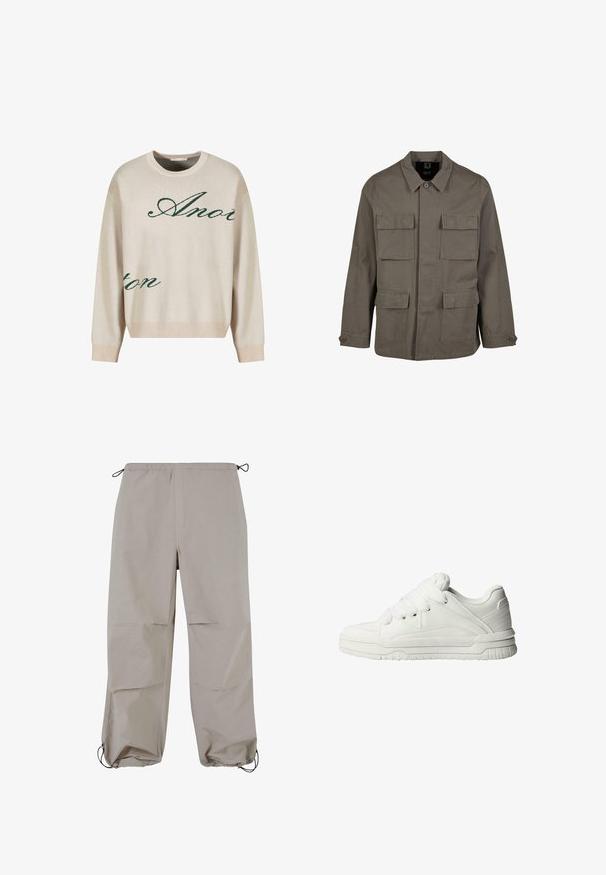 Khaki utilityjakke i bomuldsblanding, med lige snit, to brystlommer og knaplukninger på ærmerne. Glat tekstur og minimalistisk design.; Beige strikket sweater med grønne kursiverede bogstaver. Ribbet halsudskæring og manchetter, afslappet pasform, med blød tekstur.; Lys beige, løstsiddende bukser med elastisk talje og snoretræk. Har to sidelommer og elastiske manchetter ved anklerne.; Hvide sneakers med en glat læderoverflade, polstret tunge, flade snørebånd og strukturerede detaljer på siderne og hælen.