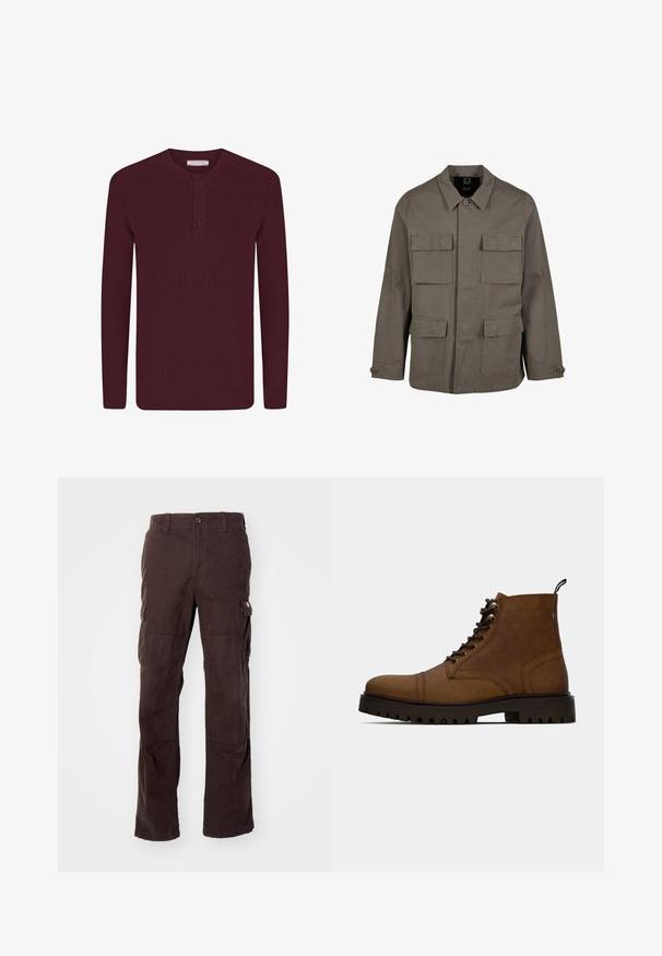 Veste marron à manches longues avec quatre poches avant à rabat, poignets boutonnés et col, présentée sur fond blanc.; Pull en tricot côtelé bordeaux avec un col henley, featuring une patte de boutonnage à trois boutons et des manches longues, texture douce et poignets ajustés.; Pantalons cargo marron en tissu coton résistant, dotés de poches latérales, d'une coupe décontractée et de jambes droites avec des détails de couture visibles.; Botte de cheville en cuir marron à lacets avec semelle crantée noire épaisse et languette, sur fond blanc.