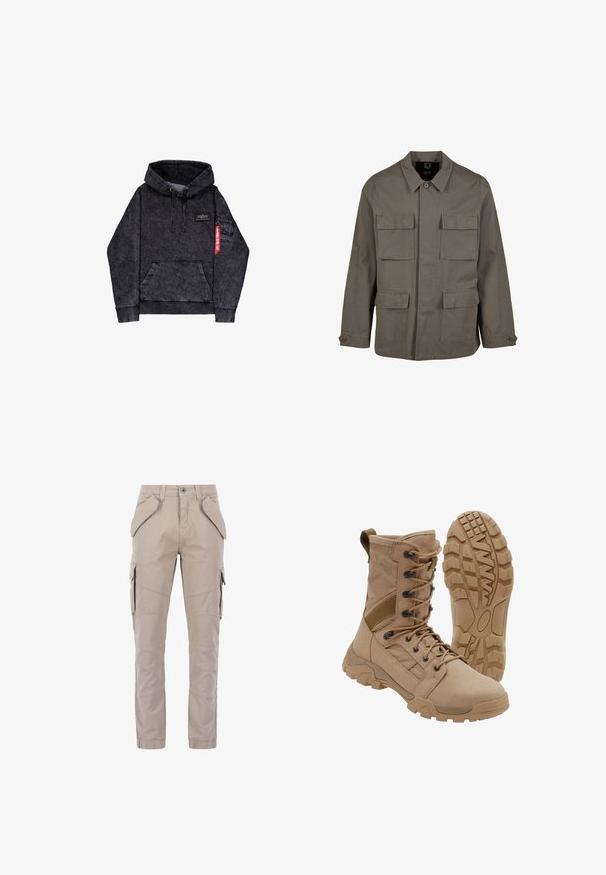 Khaki utilityjakke i bomuldsblanding, med lige snit, to brystlommer og knaplukninger på ærmerne. Glat tekstur og minimalistisk design.; Sort melange hoodie med kængurulomme, justerbar snor i hætten, logo-patch på brystet og sidelomme med rødt mærke.; Beige cargo bukser lavet af slidstærkt materiale, med flere sidelommer, en lige ben dropsdesign og synlige stikninger som accent.; Brun taktisk støvle med snørelukning i ankellængde og robust gummisål, en støvle står oprejst og den anden viser slidbanemønster.