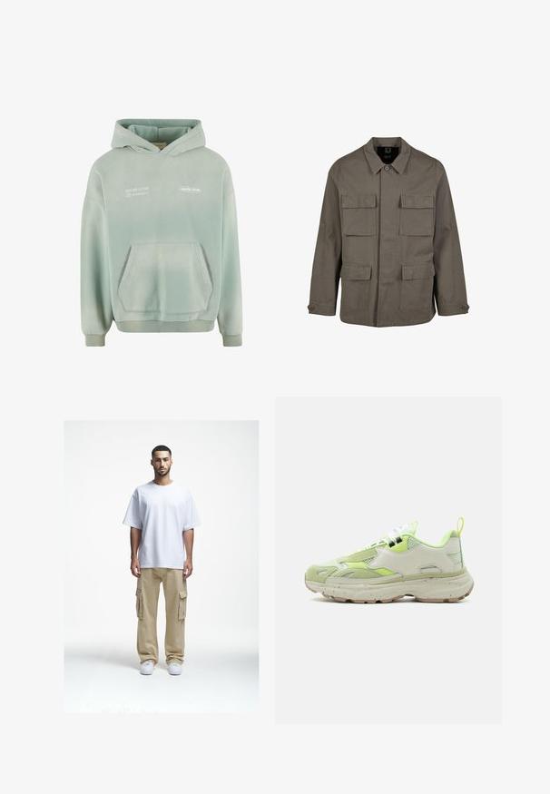 Khaki utilityjakke i bomuldsblanding, med lige snit, to brystlommer og knaplukninger på ærmerne. Glat tekstur og minimalistisk design.; Lys grøn hættetrøje med en lomme foran, ribbede manchetter og kant. Har hvidt trykt tekst på forsiden og en blød, struktureret overflade.; Hvid bomulds t-shirt med en afslappet pasform, parret med beige cargo bukser med sidelommer og hvide sneakers. Enkel og praktisk design.; Lavtop atletisk sneaker med chunky sål, beige og lysegrøn mesh og ruskindspaneler, hvide snørebånd og trækstrop bag på hælen.