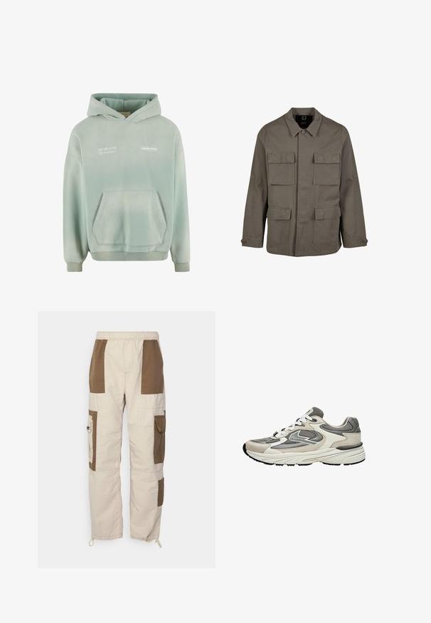 Veste utilitaire kaki en mélange de coton, avec une coupe droite, deux poches poitrine et des fermetures à boutons aux manches. Texture lisse et design minimal.; Sweat à capuche vert clair avec une poche kangourou, des poignets et un ourlet côtelés. Avec du texte imprimé en blanc à l'avant et une finition douce et texturée.; Pantalons cargo beiges avec des accents de patchs marron, taille élastique, poches latérales et liens réglables aux chevilles. Fabriqués dans un tissu léger.; Baskets de sport gris clair et blanc avec panneaux en mesh et daim, lacets blancs et semelle épaisse et rembourrée, vues de côté.