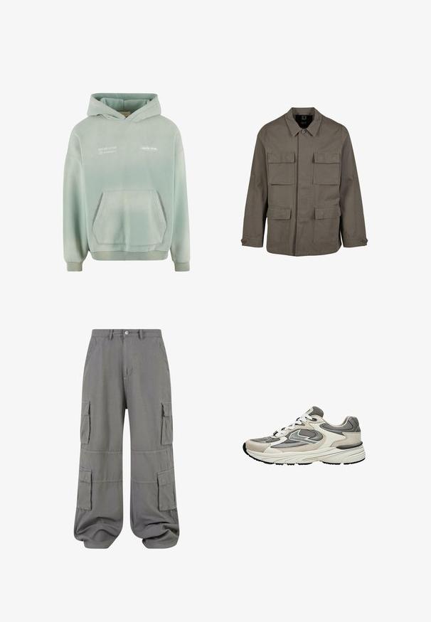 Khaki utilityjakke i bomuldsblanding, med lige snit, to brystlommer og knaplukninger på ærmerne. Glat tekstur og minimalistisk design.; Lys grøn hættetrøje med en lomme foran, ribbede manchetter og kant. Har hvidt trykt tekst på forsiden og en blød, struktureret overflade.; Grå cargo-bukser lavet af letvægtsstof, med to sidelommer, to cargo-lommer og en elastisk kant for en afslappet pasform.; Lysegrå og hvide atletiske sko med mesh- og ruskindspaneler, hvide snørebånd og en tyk polstret sål, vist fra siden.