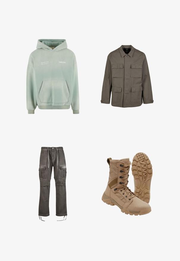 Veste utilitaire kaki en mélange de coton, avec une coupe droite, deux poches poitrine et des fermetures à boutons aux manches. Texture lisse et design minimal.; Sweat à capuche vert clair avec une poche kangourou, des poignets et un ourlet côtelés. Avec du texte imprimé en blanc à l'avant et une finition douce et texturée.; Pantalons cargo en tissu gris délavé, avec une taille élastique munie de cordons de serrage, des poches latérales et des jambes fuselées avec des liens à l'ourlet.; Botte tactique beige avec un lacet montant à la cheville et une semelle en caoutchouc robuste, une botte debout et une montrant le motif de la semelle.