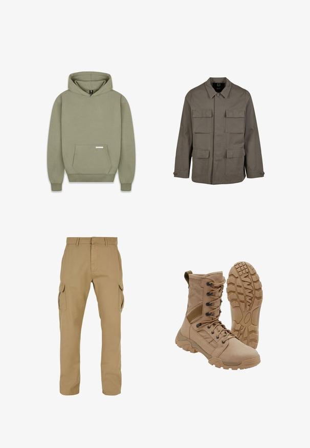 Veste utilitaire kaki en mélange de coton, avec une coupe droite, deux poches poitrine et des fermetures à boutons aux manches. Texture lisse et design minimal.; Sweat-shirt à capuche vert olive, avec des manches longues, une poche kangourou à l'avant, des poignets côtelés, et une petite étiquette sur la poche.; Pantalons cargo beiges avec deux poches latérales, conception à jambe droite, fabriqués en tissu durable, avec des détails de couture et des passants de ceinture.; Botte tactique beige avec un lacet montant à la cheville et une semelle en caoutchouc robuste, une botte debout et une montrant le motif de la semelle.