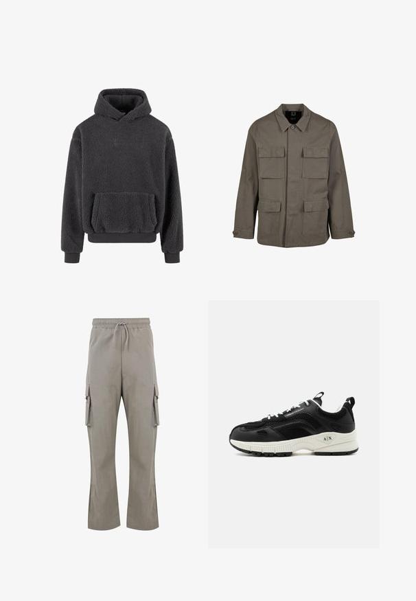 Khaki utilityjakke i bomuldsblanding, med lige snit, to brystlommer og knaplukninger på ærmerne. Glat tekstur og minimalistisk design.; Fleece hoodie i mørkegrå med en tekstureret overflade, en kangaroo-lomme og ribbede manchetter og kant. Har et lille logo på brystet.; Lys grå cargo bukser med snøre i taljen, sidelommer og en afslappet pasform. Lavet af et glat, letvægtigt stof uden synlige mønstre.; Sort-hvid Armani Exchange sneaker med mesh-paneler, hvide snørebånd og en tyk sål med A|X branding på hælen.
