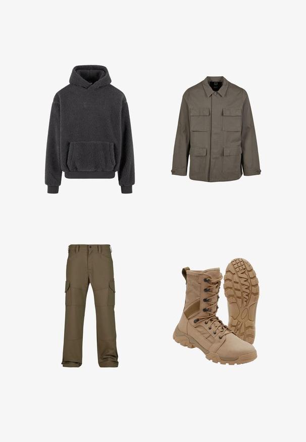 Khaki utilityjakke i bomuldsblanding, med lige snit, to brystlommer og knaplukninger på ærmerne. Glat tekstur og minimalistisk design.; Fleece hoodie i mørkegrå med en tekstureret overflade, en kangaroo-lomme og ribbede manchetter og kant. Har et lille logo på brystet.; Cargo bukser i mørke olivengrøn med flere lommer, forstærket syning, lige pasform og en glat tekstureret stof.; Brun taktisk støvle med snørelukning i ankellængde og robust gummisål, en støvle står oprejst og den anden viser slidbanemønster.