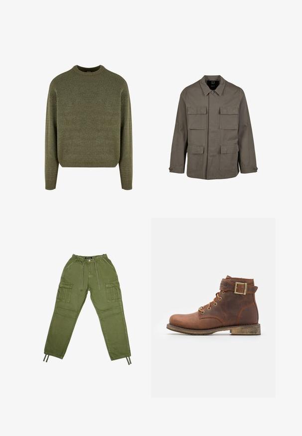 Chaqueta utilitaria color caqui en mezcla de algodón, con corte recto, dos bolsillos en el pecho y cierres de botón en las mangas. Textura suave y diseño minimalista.; Suéter de mezcla de lana verde con cuello redondo, puños y dobladillo acanalados, y un acabado suave y texturizado. Ajuste clásico y relajado con hombros caídos.; Pantalones cargo verde oliva de tejido ligero, con cintura elástica, cordones y múltiples bolsillos laterales.; Harley Davidson VNTGMOTO SHORT RIDING APPROVED - Botines camperos - brown