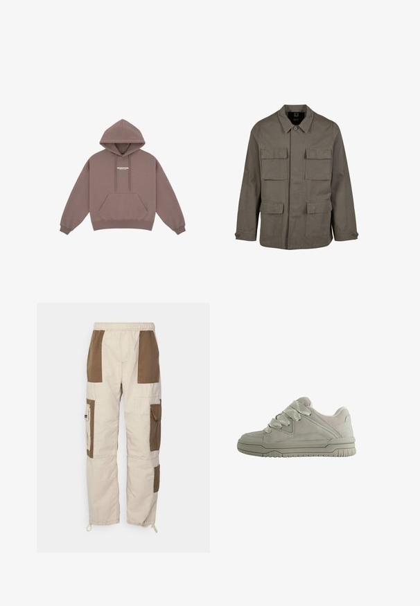 Khaki utilityjakke i bomuldsblanding, med lige snit, to brystlommer og knaplukninger på ærmerne. Glat tekstur og minimalistisk design.; Hættebluse i dæmpet brun, med en kængurulomme, snørersnor i huen og et lille hvidt logo på brystet. Blød stofftekstur.; Beige cargo bukser med brune lapper, elastisk talje, sidelommer og justerbare ankler. Fremstillet af et letvægtsmateriale.; Lav-snit grå sneaker med tykke teksturerede snørebånd, polstret krave, syninger i panelerne og en rilled gummisål for greb.