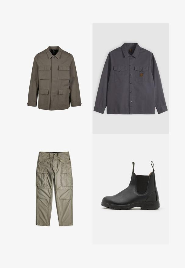 Veste utilitaire kaki en mélange de coton, avec une coupe droite, deux poches poitrine et des fermetures à boutons aux manches. Texture lisse et design minimal.; Chemise gris foncé à manches longues avec boutons, deux poches sur la poitrine, dont une avec une petite étiquette noire et dorée.; Pantalon cargo couleur kaki avec plusieurs poches à rabat à l’avant et sur les côtés, doté de passants de ceinture et d’une fermeture par bouton.; Bottines Chelsea en cuir noir avec panneaux élastiques latéraux, tirant, semelle en caoutchouc robuste et détails cousus. Texture lisse dans l'ensemble.