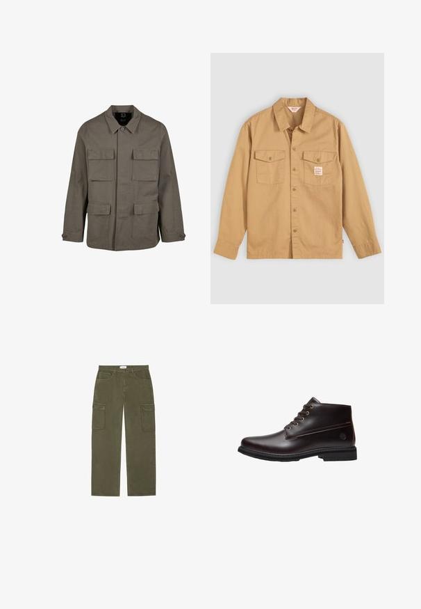Khaki utiliidisjakker puuvillasegust, sirge lõikega, kahe rinna-tasku ja nööbiga mansettidega. Sile tekstuur ja minimaalne disain.; Kollane nööbideta särk pika varrukaga, kahe rinnataskuga ja väikese etiketiga. Valmistatud puuvillast, millel on sile tekstuur ja klassikaline krae disain.; Oliivroheline cargo-püksid sirge säärekujundusega, kahe suure küljetaskuga ja klassikalise viie taskuga stiiliga. Valmistatud vastupidavast puuvillaste materjalidest.; Tumedat pruunid nahast paeltega pahkluu saapad musta tallaga ja peene brändi logoga külje peal, näidatud profiilis valgel taustal.