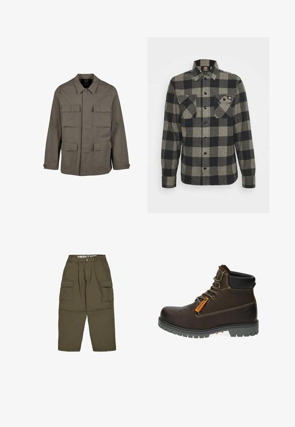 Khaki utilityjakke i bomuldsblanding, med lige snit, to brystlommer og knaplukninger på ærmerne. Glat tekstur og minimalistisk design.; Sort og gråternet flannel skjorte med lange ærmer, knaplukning foran, to brystlommer og en let bøjet kant. Struktureret stof.; Olivengrønne cargobukser med knap- og lynlåslukning, bæltestropper og to store klaplommer på lårene.; Brun læder ankelstøvle med grå gummisål, orange accentmærke og metaløjer. Har kontraststikning og polstret krave.